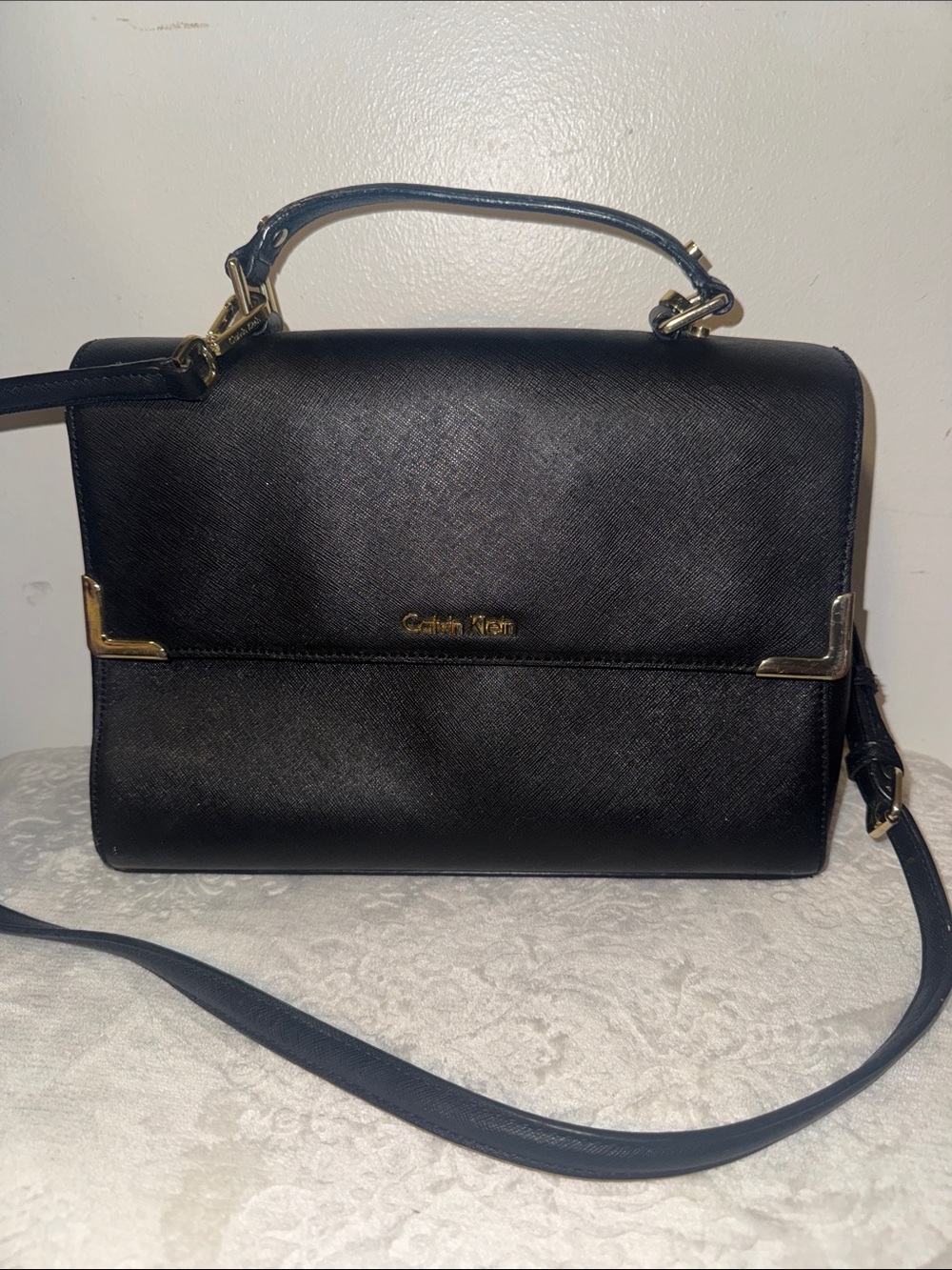 Calvin Klein Black Top-Handle Crossbody Satchel with Gold Accents